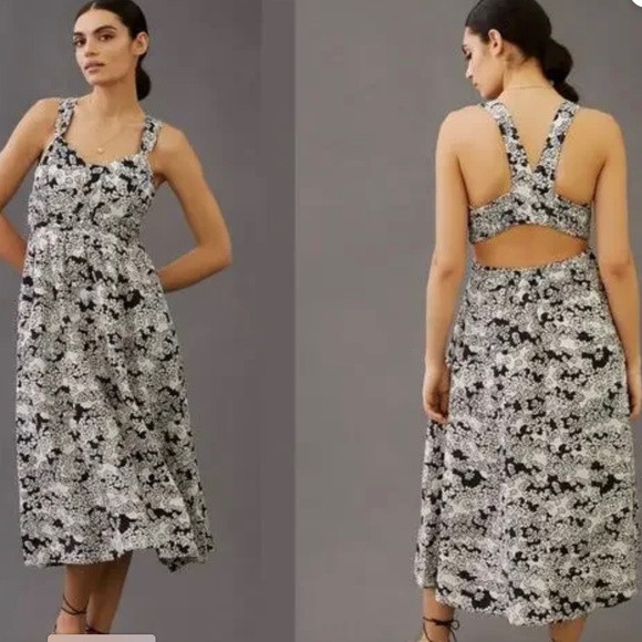 NWT ANTHROPOLOGIE Black and White Cut Out Printed Midi Linen Blend Dress size L - Picture 1 of 3